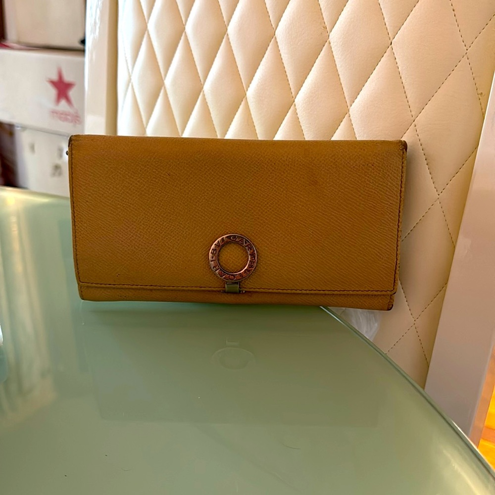 BULGARI Beige Leather Long Wallet with Purple Interior and Silver Hardware.